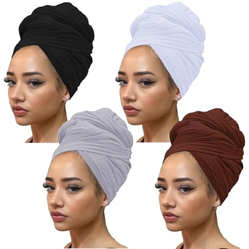 Kachanaa 4 Pieces Solid Color Stretch Knit Head Wrap Extra Long African Head Scarf Breathable Turbans for Black Women - Image 1