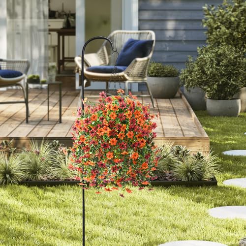 INQCMY Artificial Faux Hanging Flowers Plants Basket for Outdoor Outside Fall Decoration,Fake Silk Daisy in Planter Realistic UV Resistant for Home Porch Balcony Patio Yard Autumn Decor（Orange Brown - Image 3