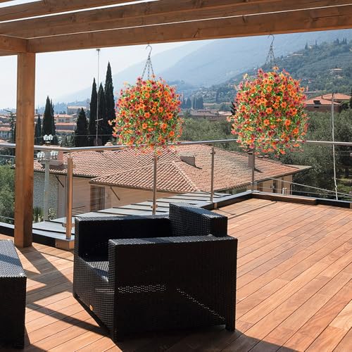 INQCMY Artificial Faux Hanging Flowers Plants Basket for Outdoor Outside Fall Decoration,Fake Silk Daisy in Planter Realistic UV Resistant for Home Porch Balcony Patio Yard Autumn Decor（Orange Brown - Image 4