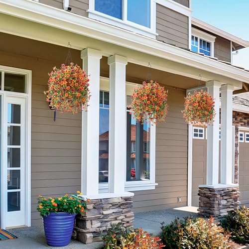 INQCMY Artificial Faux Hanging Flowers Plants Basket for Outdoor Outside Fall Decoration,Fake Silk Daisy in Planter Realistic UV Resistant for Home Porch Balcony Patio Yard Autumn Decor（Orange Brown - Image 5