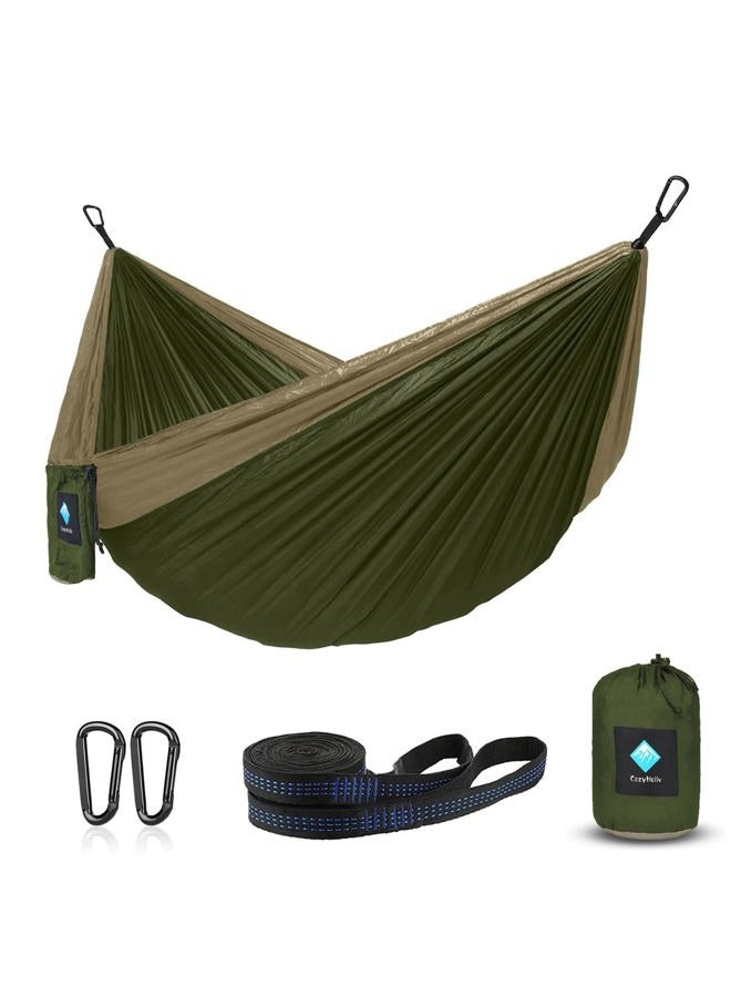 ERUW Camping Hammock, Portable Single/Double Hammock for Hiking, Travel, Hiking - 210D Nylon Hammock for Backyard and Garden (Green/Khaki) - Image 1