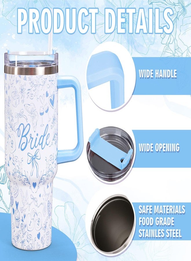 وولاين كوب وايلاين للعروس سعة 40 أونصة مع مقبض وماصة وغطاء، كوب سفر أزرق مزين بفيونكة وزهور، كوب قهوة مثالي للنساء، هدية رائعة لصديقات العروس ووصيفاتها في حفلات الزفاف وحفلات توديع العزوبية. - Image 3