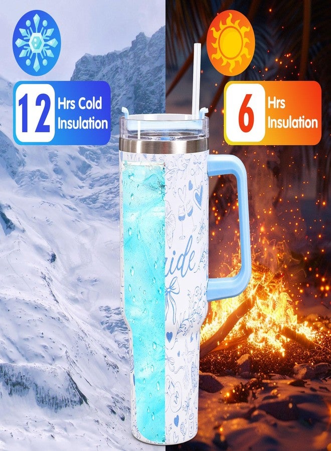 وولاين كوب وايلاين للعروس سعة 40 أونصة مع مقبض وماصة وغطاء، كوب سفر أزرق مزين بفيونكة وزهور، كوب قهوة مثالي للنساء، هدية رائعة لصديقات العروس ووصيفاتها في حفلات الزفاف وحفلات توديع العزوبية. - Image 4