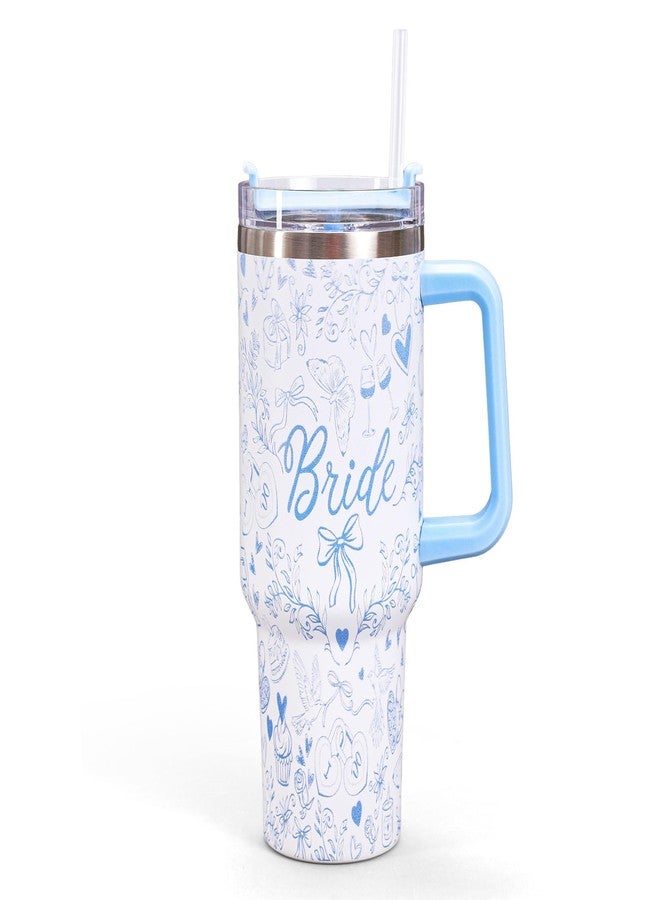 وولاين كوب وايلاين للعروس سعة 40 أونصة مع مقبض وماصة وغطاء، كوب سفر أزرق مزين بفيونكة وزهور، كوب قهوة مثالي للنساء، هدية رائعة لصديقات العروس ووصيفاتها في حفلات الزفاف وحفلات توديع العزوبية. - Image 1