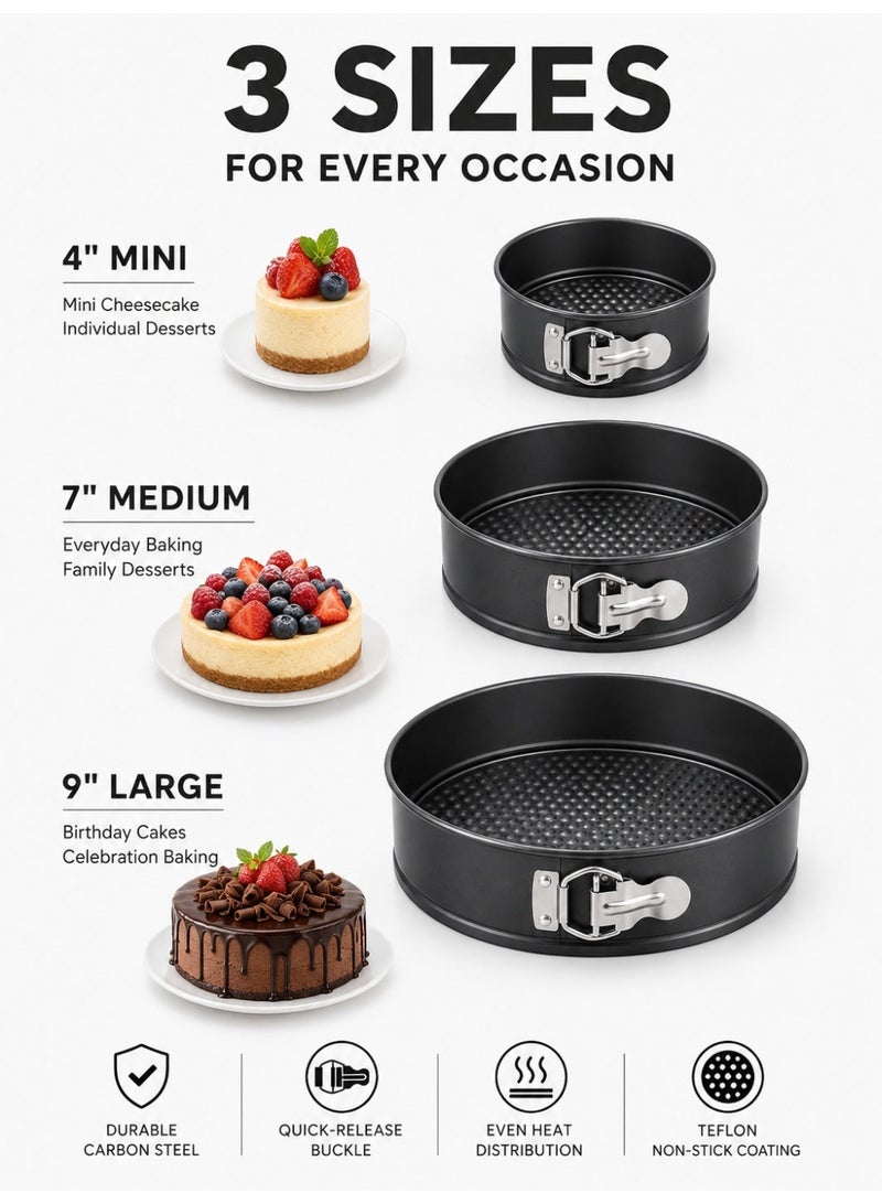 Joybos 3-Piece Springform Cake Pan Set, 4/7/9 Inch High-Strength Carbon Steel Cheesecake Pans with Teflon Non-Stick Coating, Removable Bottom & Quick-Release Buckle for Cakes, Mousse and Desserts - Image 1