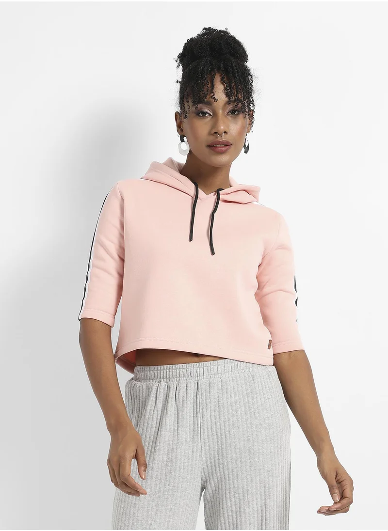 Campus Sutra Women's Pink Crop Hoodie With Striped Sleeve