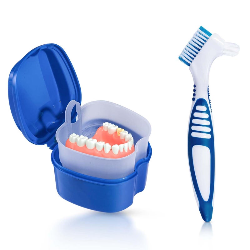KISEER Blue Denture Bath Case Cup Box Holder Storage Container with Denture Cleaner Brush Strainer Basket for Travel Cleaning