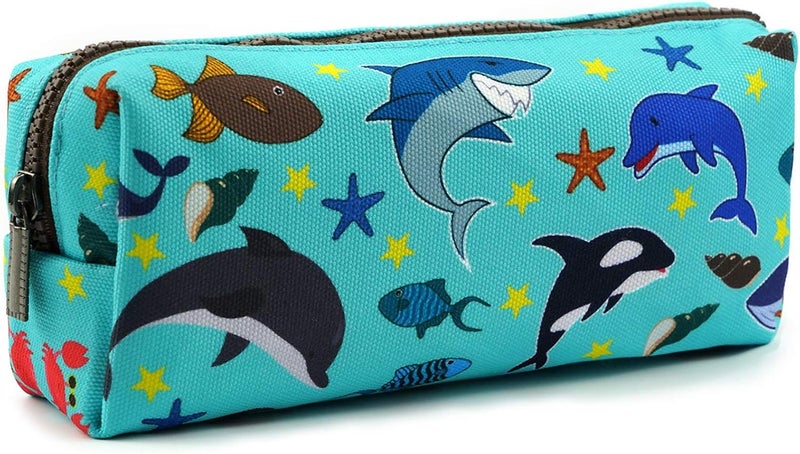 LParkin Sea Life Dolphin Shark Canvas Pencil Case Pen Bag Pouch Stationary Case Makeup Cosmetic Bag Gadget Box