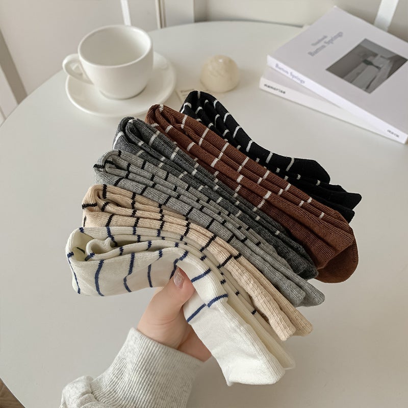 Contrast Stripe Womens Autumn Winter Versatile Korean Tube Socks Brown - Image 3