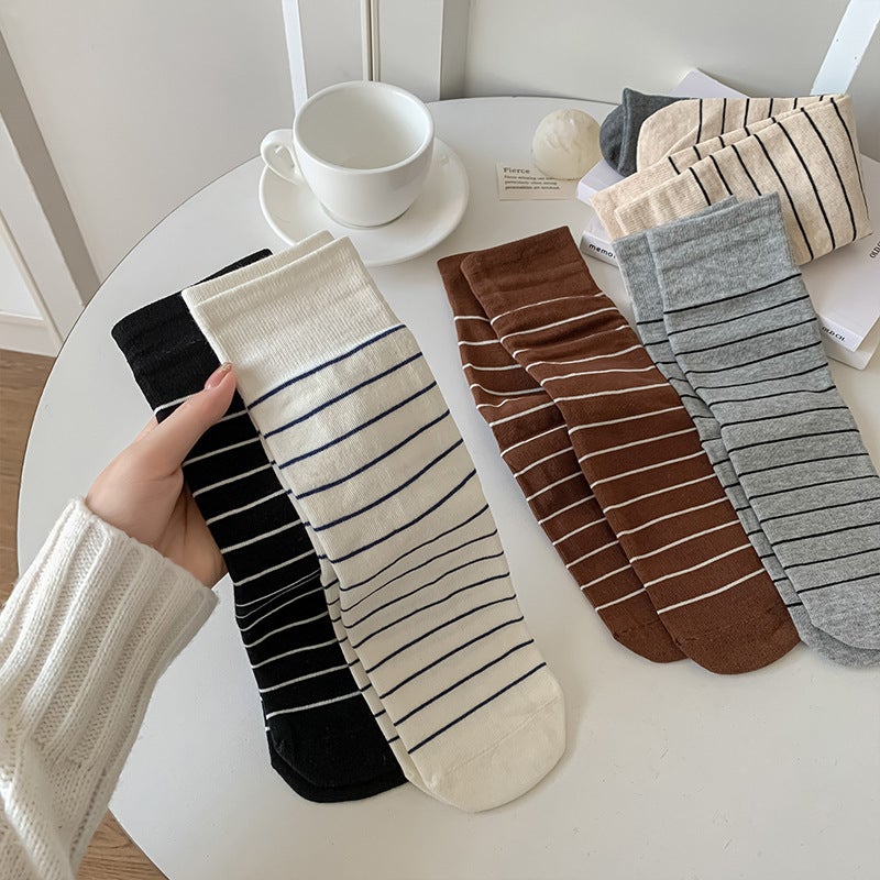 Contrast Stripe Womens Autumn Winter Versatile Korean Tube Socks Brown - Image 2