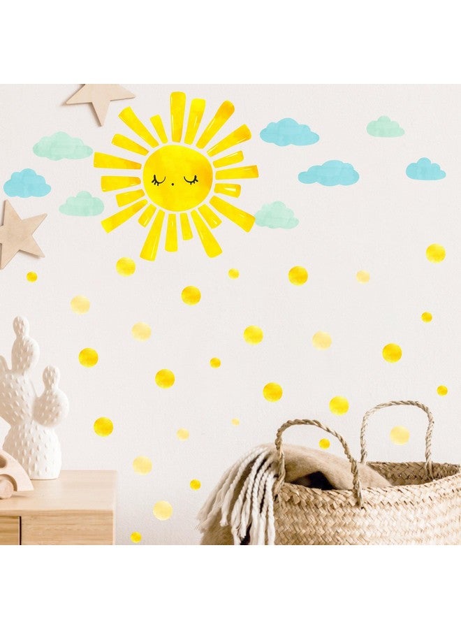Barri Design Watercolor Sun Cloud Wall Decals Large Sun and Clouds Wall Stickers Yellow Polka Dots Decal Peel and Stick Big Sun Wall Stickers for Kids Room Baby Nursery Bedroom Playroom Decor - Image 3