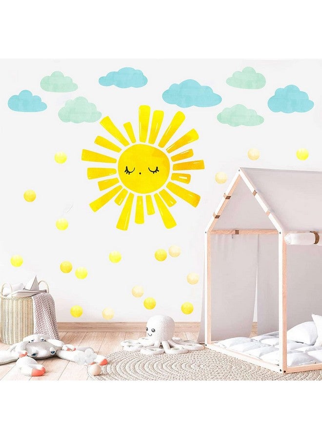 Barri Design Watercolor Sun Cloud Wall Decals Large Sun and Clouds Wall Stickers Yellow Polka Dots Decal Peel and Stick Big Sun Wall Stickers for Kids Room Baby Nursery Bedroom Playroom Decor - Image 1
