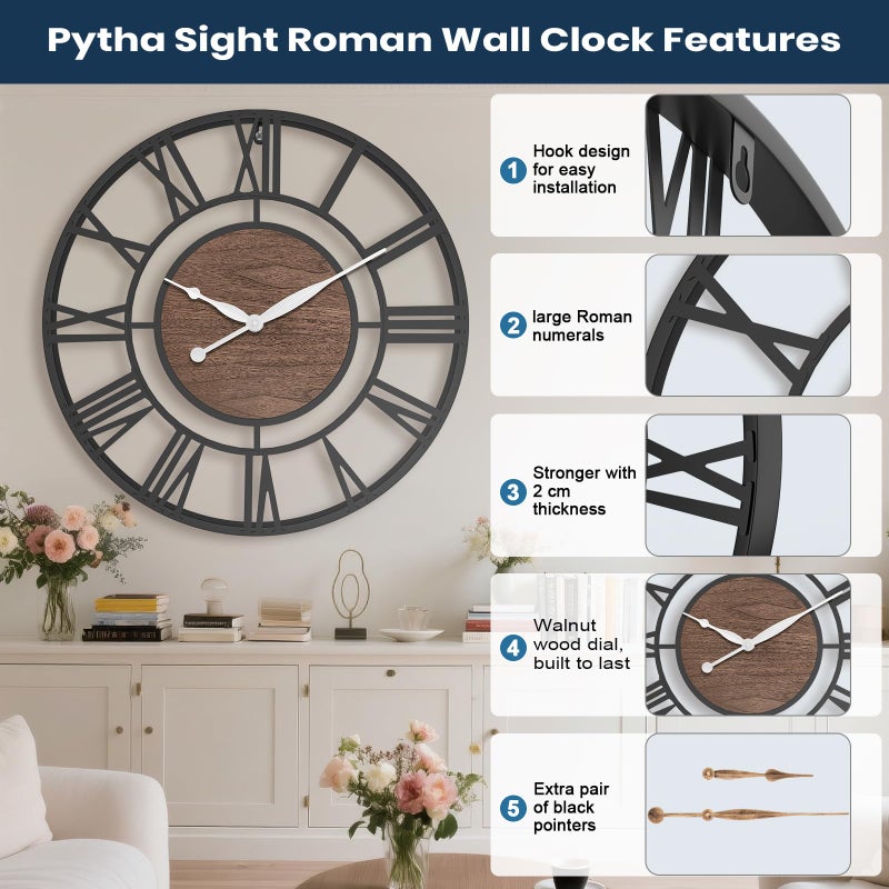 Pytha Sight 24 Inch Large Oversized Farmhouse Modern Decorative Wall Clock for Living Room,Silent Industrial Big Roman Numerals Vintage Metal Round Wall Clocks for Kitchen,Dinng Room,Office - Image 2