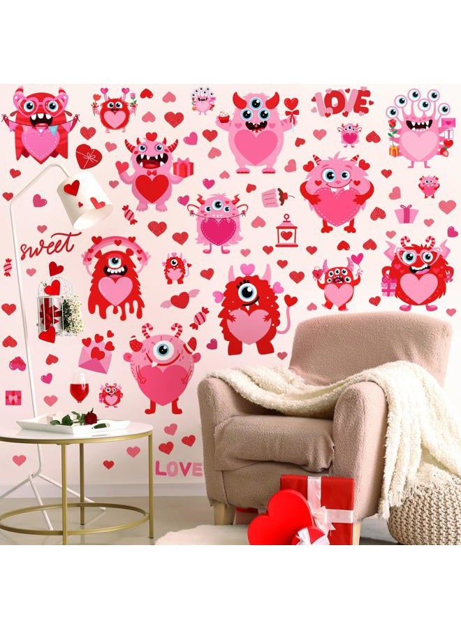 Haull 6 Sheets Valentine's Day Wall Decals Red Pink Monster Decals Stickers Removable Window Wall Decal Heart Wall Decoration Stickers for Wedding Anniversary Living Room Bedroom Decoration - Image 3