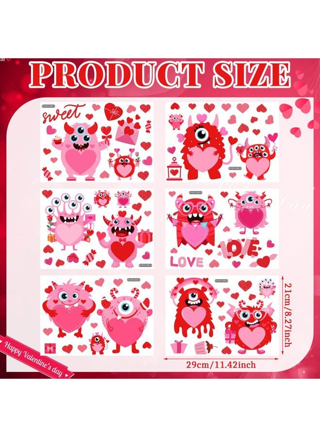 Haull 6 Sheets Valentine's Day Wall Decals Red Pink Monster Decals Stickers Removable Window Wall Decal Heart Wall Decoration Stickers for Wedding Anniversary Living Room Bedroom Decoration - Image 2