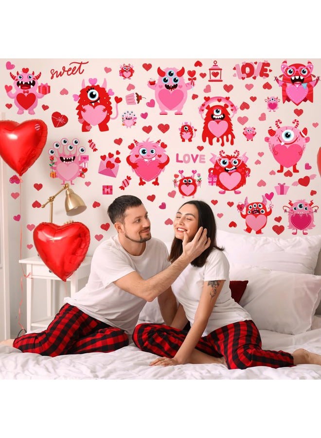 Haull 6 Sheets Valentine's Day Wall Decals Red Pink Monster Decals Stickers Removable Window Wall Decal Heart Wall Decoration Stickers for Wedding Anniversary Living Room Bedroom Decoration - Image 4