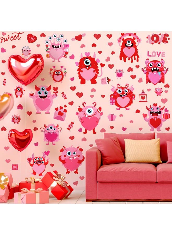 Haull 6 Sheets Valentine's Day Wall Decals Red Pink Monster Decals Stickers Removable Window Wall Decal Heart Wall Decoration Stickers for Wedding Anniversary Living Room Bedroom Decoration - Image 5