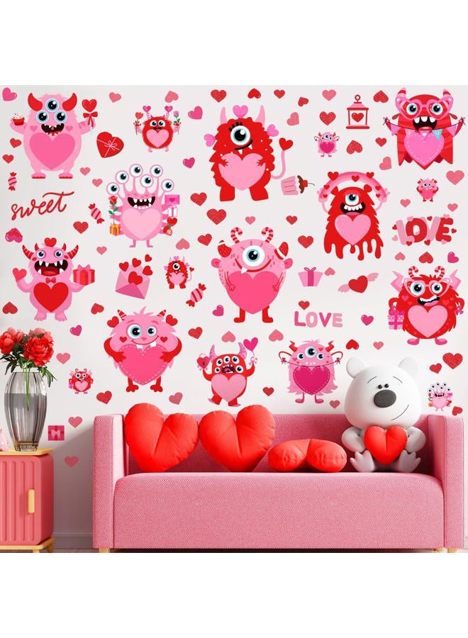 Haull 6 Sheets Valentine's Day Wall Decals Red Pink Monster Decals Stickers Removable Window Wall Decal Heart Wall Decoration Stickers for Wedding Anniversary Living Room Bedroom Decoration - Image 1