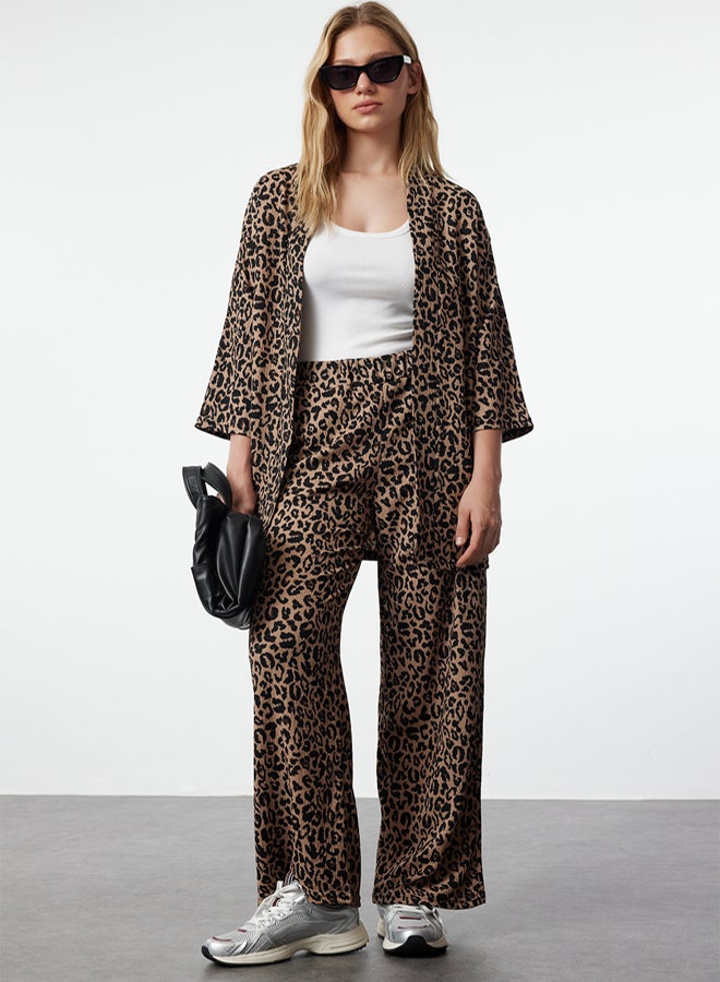 trendyol Leopard Printed Flexible Comfortable Kimon Top and Bottom Set - Brown - Image 2