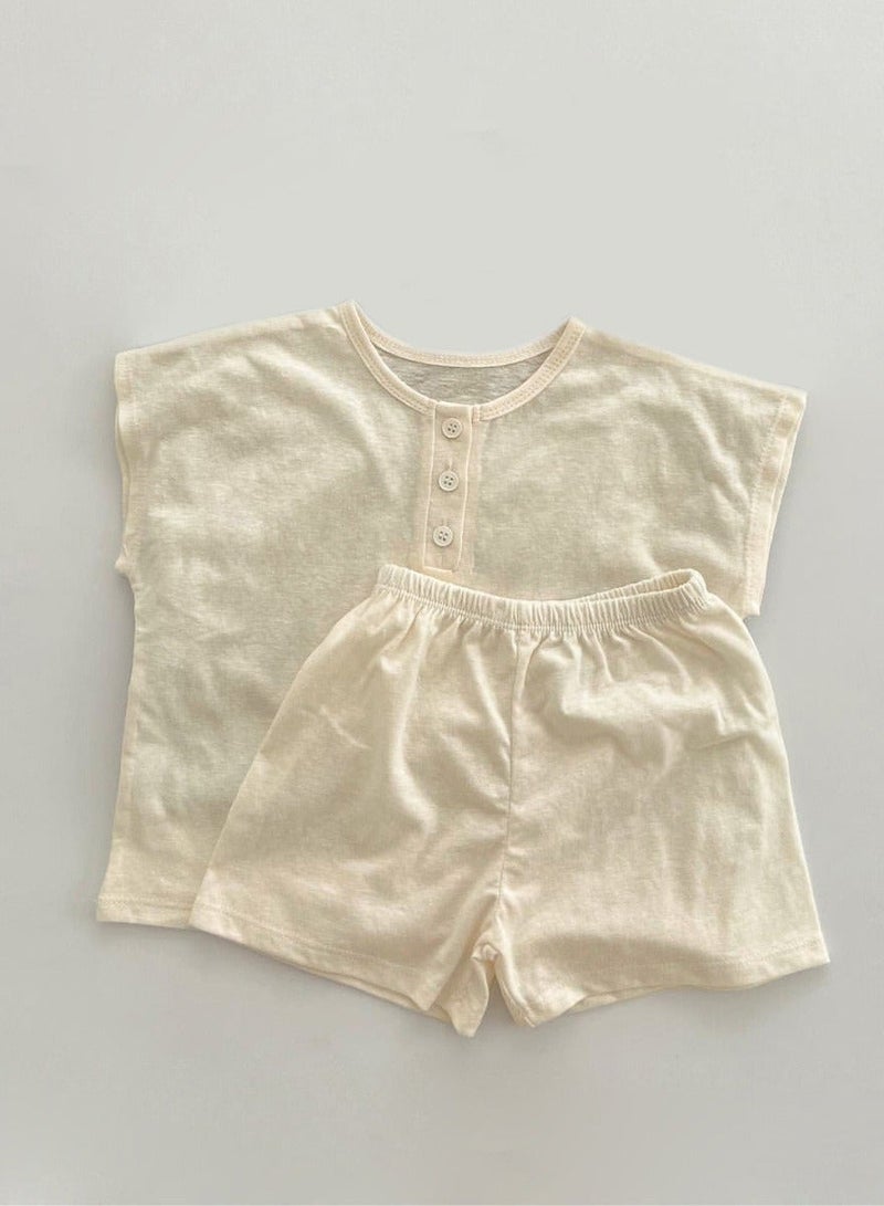Baby Soft Breathable Cotton Short-Sleeved T-Shirt + Shorts Apricot Two-Piece Set - Image 1