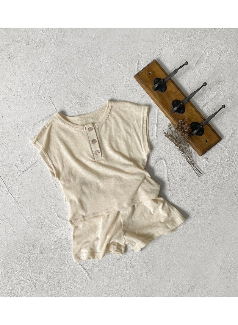 Baby Soft Breathable Cotton Short-Sleeved T-Shirt + Shorts Apricot Two-Piece Set - Image 4