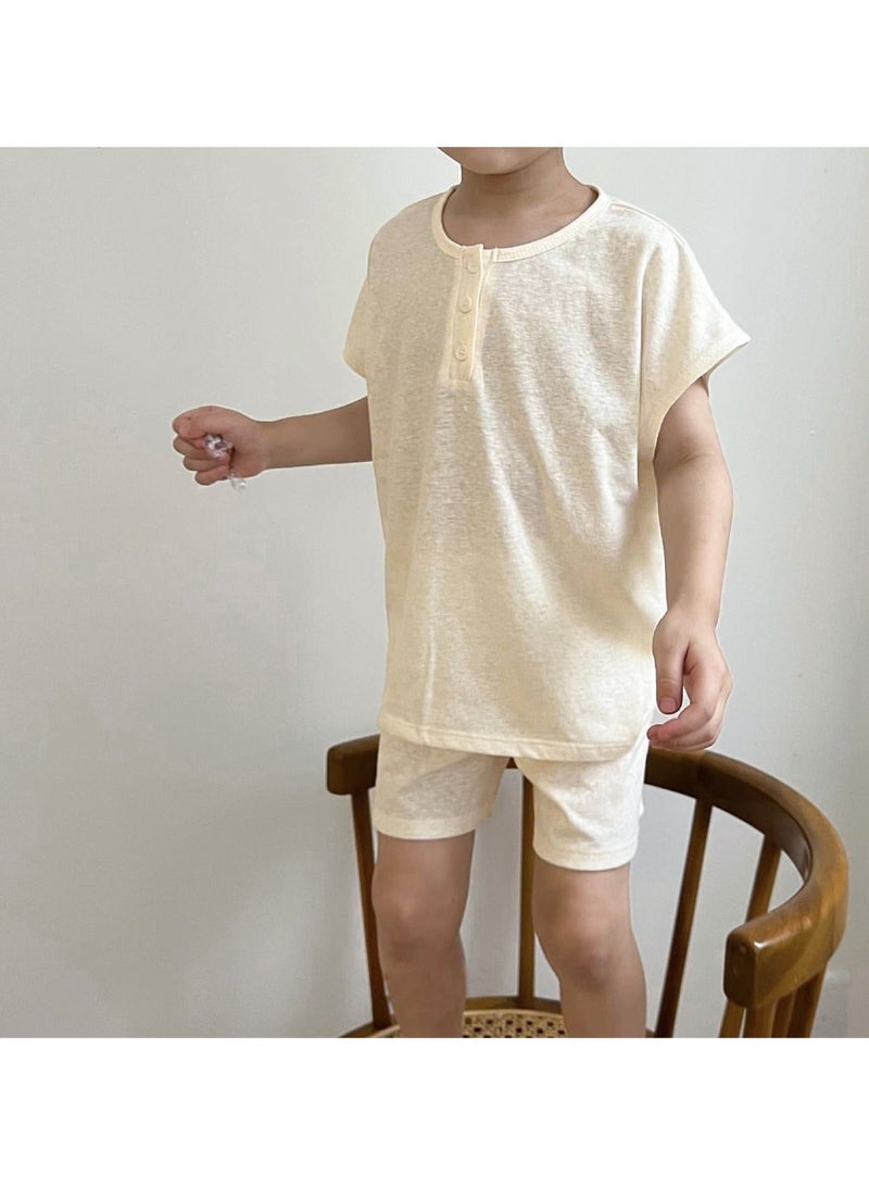 Baby Soft Breathable Cotton Short-Sleeved T-Shirt + Shorts Apricot Two-Piece Set - Image 2