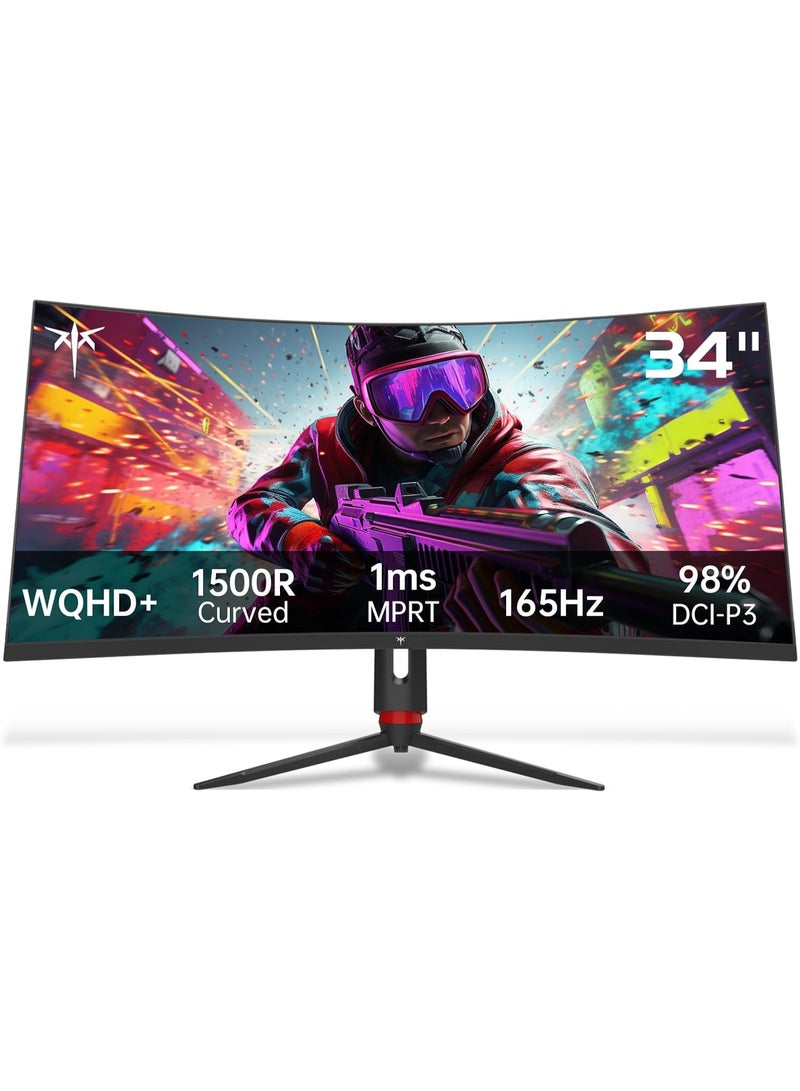 شاشة KTC منحنية بحجم 34 بوصة فائقة العرض، بمعدل تحديث 165 هرتز ودقة WQHD 3440×1440، مخصصة للألعاب، تدعم HDR وFreeSync وG-Sync، مزودة بمنافذ HDMI وDisplayPort، دعم VESA، مع إمكانية تعديل الإمالة والدوران والارتفاع والاتجاه – الموديل H34S18S.