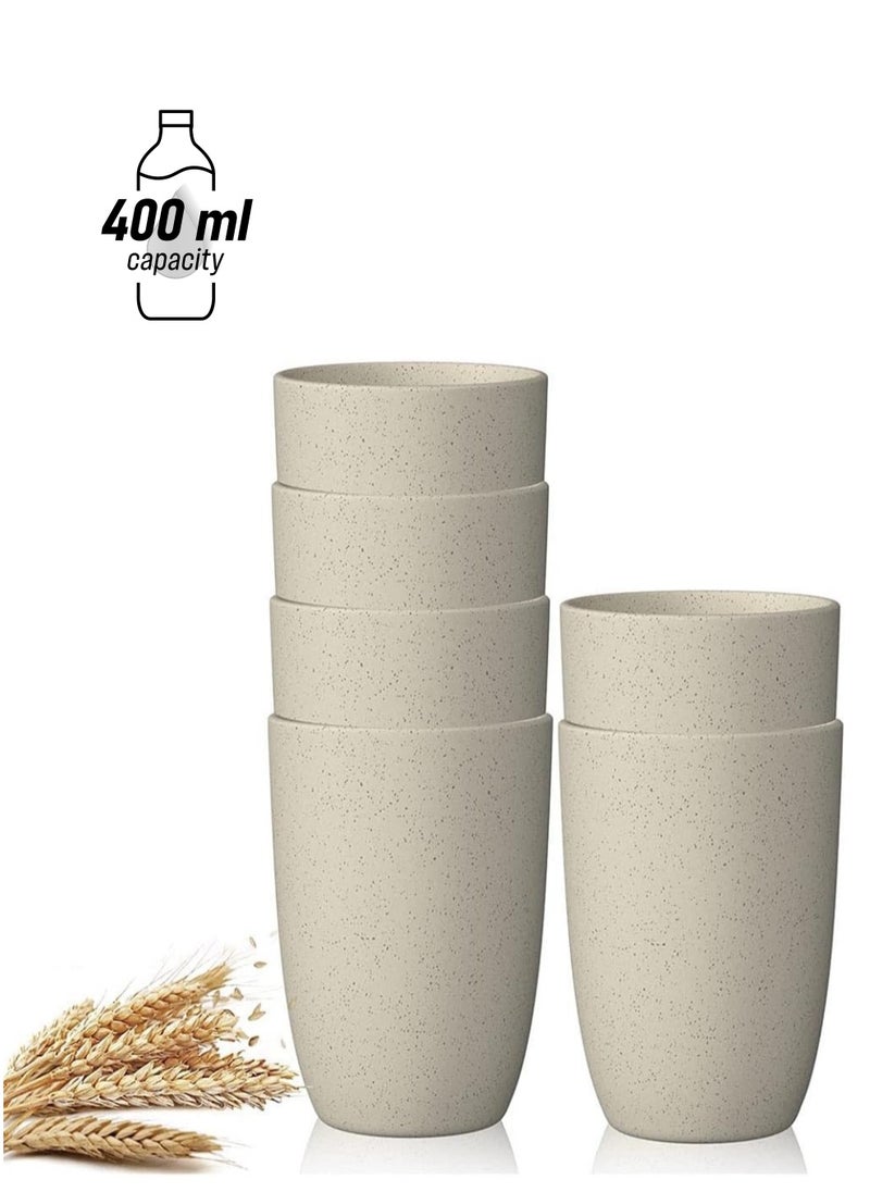 Beauenty Wheat Straw Cups, 6 Pack Reusable Plastic Cups, 400 Ml Unbreakable Drinking Cup, Water Cup Stackable, Tumbler Cups Bpa Free and Eco Friendly, House Kids Cups for Dishwasher Safe (Beige)  - Image 1
