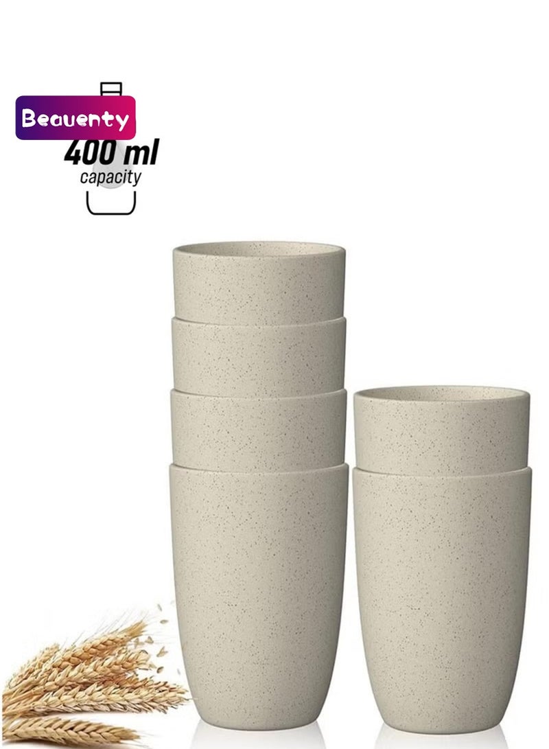 Beauenty Wheat Straw Cups, 6 Pack Reusable Plastic Cups, 400 Ml Unbreakable Drinking Cup, Water Cup Stackable, Tumbler Cups Bpa Free and Eco Friendly, House Kids Cups for Dishwasher Safe (Beige) - Image 1