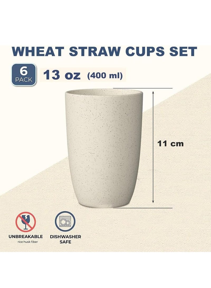 Beauenty Wheat Straw Cups, 6 Pack Reusable Plastic Cups, 400 Ml Unbreakable Drinking Cup, Water Cup Stackable, Tumbler Cups Bpa Free and Eco Friendly, House Kids Cups for Dishwasher Safe (Beige) - Image 2