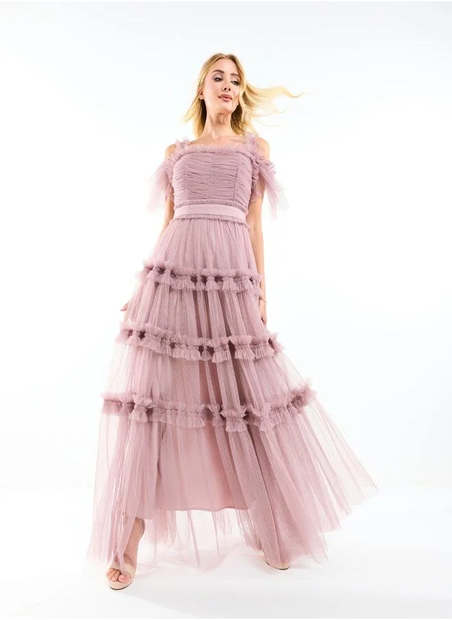 هاوس اوف مودا Ruffle Trim Cold Shoulder Maxi Dress with Flocked Mesh by Styli