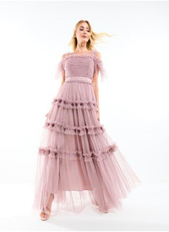 House of Moda Ruffle Trim Cold Shoulder Maxi Dress with Flocked Mesh by Styli  - Image 2