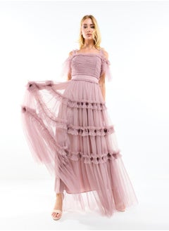 House of Moda Ruffle Trim Cold Shoulder Maxi Dress with Flocked Mesh by Styli  - Image 3