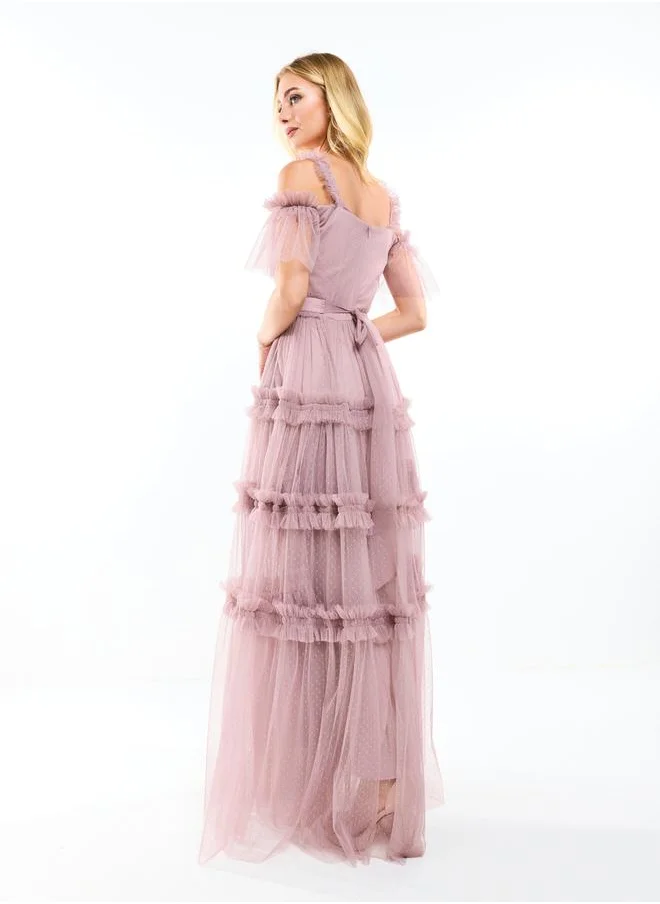 هاوس اوف مودا Ruffle Trim Cold Shoulder Maxi Dress with Flocked Mesh