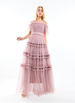 House of Moda Ruffle Trim Cold Shoulder Maxi Dress with Flocked Mesh by Styli  - Image 4