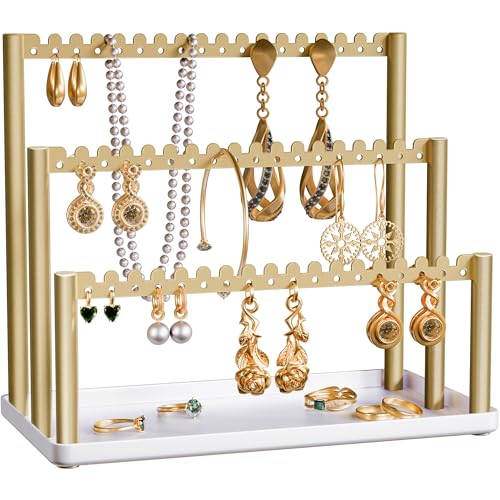 Jasopaco 3Tier Earring Holder Organizer Stand with Tray Gold Jewelry Display Rack for Stud Dangle Earrings for Women Girls and Vendors - Image 1