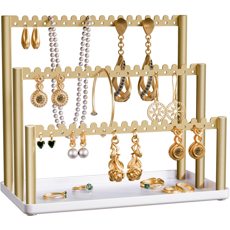 Jasopaco 3Tier Earring Holder Organizer Stand with Tray Gold Jewelry Display Rack for Stud Dangle Earrings for Women Girls and Vendors - Image 2