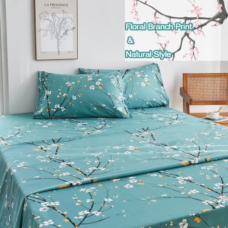 ZRNBAST Teal Sheet Set 4 Pcs King Sheet Set Floral Print Flat Sheet Fitted Sheet Farmhouse Style Chic Bedding Sheets Easy Fit Microfiber Sheets-All Seasons (Teal, King) - Image 3