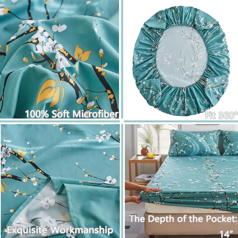 ZRNBAST Teal Sheet Set 4 Pcs King Sheet Set Floral Print Flat Sheet Fitted Sheet Farmhouse Style Chic Bedding Sheets Easy Fit Microfiber Sheets-All Seasons (Teal, King) - Image 4