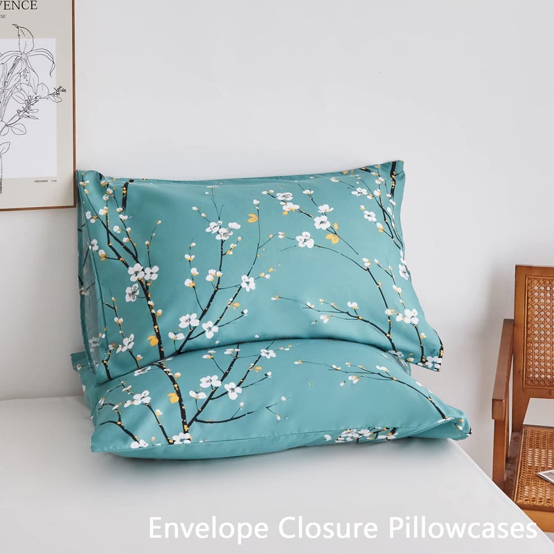 ZRNBAST Teal Sheet Set 4 Pcs King Sheet Set Floral Print Flat Sheet Fitted Sheet Farmhouse Style Chic Bedding Sheets Easy Fit Microfiber Sheets-All Seasons (Teal, King) - Image 5
