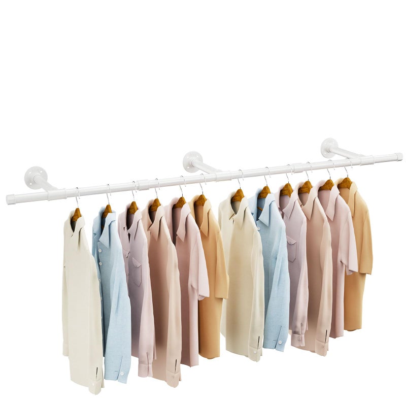 IBUYKE Industrial Pipe Clothes Rack, 61.4 Inch Wall Mounted Clothing Rack, Space-Saving Hanging Closet Rod, Heavy Duty Multi-Purpose Garment Rack for Closet and Laundry Room, White TYJ007W - Image 1