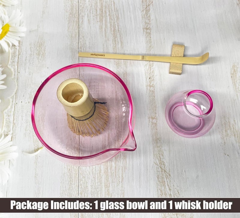 LamChyar Matcha Bowl with Spout, Matcha Whisk Holder, Glass Matcha Bowl and Whisk Holder Set, Exquisite Matcha Set for Tea Ceremony(Pink) - Image 5