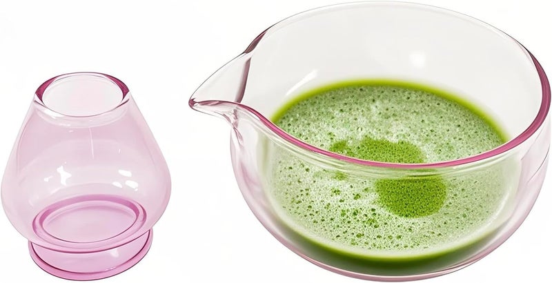 LamChyar Matcha Bowl with Spout, Matcha Whisk Holder, Glass Matcha Bowl and Whisk Holder Set, Exquisite Matcha Set for Tea Ceremony(Pink) - Image 1