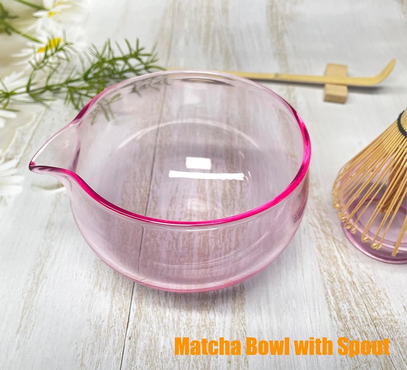 LamChyar Matcha Bowl with Spout, Matcha Whisk Holder, Glass Matcha Bowl and Whisk Holder Set, Exquisite Matcha Set for Tea Ceremony(Pink) - Image 2