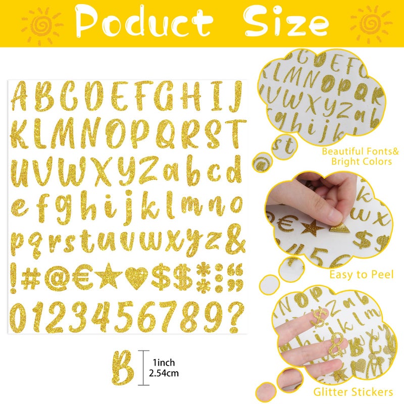 Metsyth 1215 Pieces 15 Sheets Letter Stickers Glitter Sticker Letters Small Self Adhesive Alphabet Number Vinyl Stick on Letter Stickers for Scrapbooking Mailbox Christmas Gift Crafts Decoration(Gold,1 Inch) - Image 2