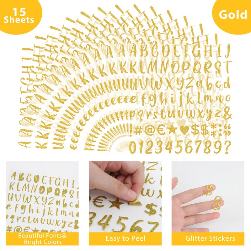 Metsyth 1215 Pieces 15 Sheets Letter Stickers Glitter Sticker Letters Small Self Adhesive Alphabet Number Vinyl Stick on Letter Stickers for Scrapbooking Mailbox Christmas Gift Crafts Decoration(Gold,1 Inch) - Image 3