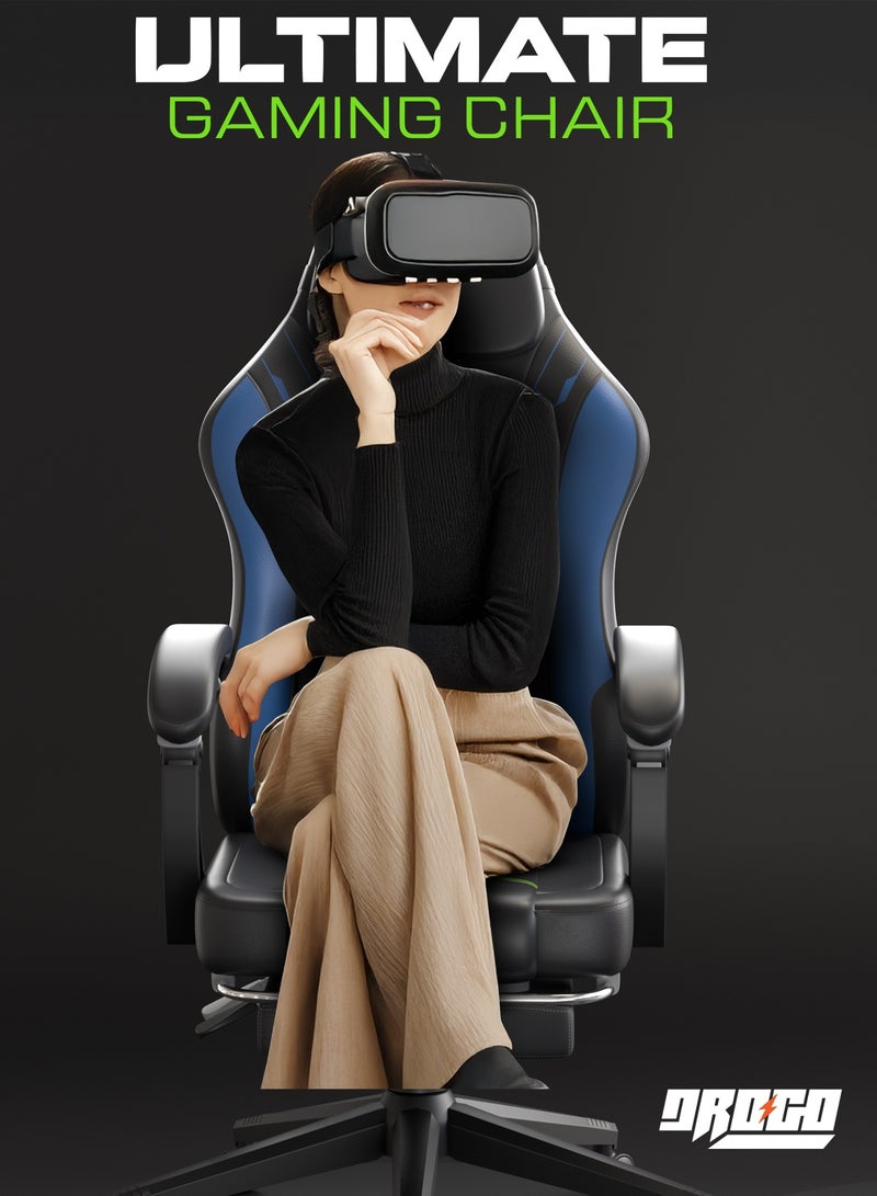 DROGO Onyx Premium Ergonomic Gaming Chair, Video Game Chair with Linkage Armrest, Footrest & Adjustable Seat Computer Chair with PU Leather, Head & Massager Lumbar Pillow Home & Office Chair with Recline Black Blue  - Image 2