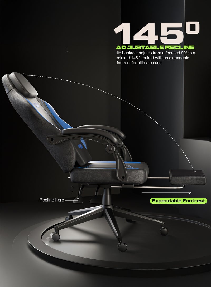 DROGO Onyx Premium Ergonomic Gaming Chair, Video Game Chair with Linkage Armrest, Footrest & Adjustable Seat Computer Chair with PU Leather, Head & Massager Lumbar Pillow Home & Office Chair with Recline Black Blue  - Image 5