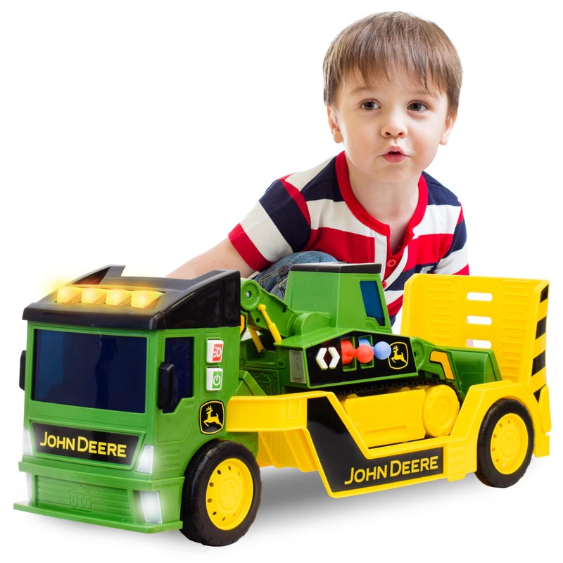 John Deere 2ft Extra Large Mega Mover Dual Joystick Motorized Trucks Front Loader Hoe with Trailer Lights Sounds Construction Toys for Kids 3