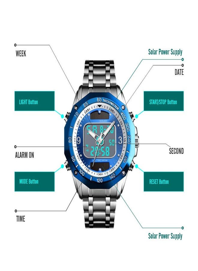 VIGOROSO Men's Solar Powered Quartz Stainless Steel Analog Digital Sport Wrist Watch - Image 5